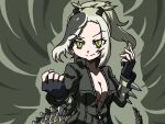 1girl asymmetrical_hair black_gloves breasts cleavage closed_mouth collared_jacket crocodilian_tail eyes_visible_through_hair fighting_stance fingerless_gloves gloves green_eyes green_jacket hands_up high_collar high_ponytail jacket kemono_friends long_hair long_sleeves medium_breasts multicolored_hair partially_unzipped raised_eyebrow saltwater_crocodile_(kemono_friends) slit_pupils smile solo spikes srd_(srdsrd01) tail upper_body zipper zipper_pull_tab 