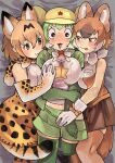  3girls :3 :p absurdres animal_ears animal_print arm_between_breasts assertive_female assisted_exposure bangs bare_arms bare_shoulders between_breasts black_eyes blonde_hair blush bow bowtie breast_grab breast_pocket breasts brown_eyes brown_hair brown_skirt brown_thighhighs clothes_pull commentary_request crossover dhole_(kemono_friends) dog_ears dog_girl dog_tail elbow_gloves extra_ears from_above gloves grabbing green_gloves green_hair green_panties green_shirt green_shorts green_thighhighs hair_between_eyes hand_on_another&#039;s_chest hat high-waist_skirt highres igarashi_(nogiheta) kemono_friends kemono_friends_3 keroro_(kemono_friends) keroro_gunsou large_breasts looking_at_another lying medium_breasts medium_hair midriff miniskirt multicolored_hair multiple_girls naughty_face navel nervous nose_blush on_back open_clothes open_mouth open_shirt panties pocket print_bow print_bowtie print_gloves print_skirt pulled_by_another scarf serval_(kemono_friends) serval_print shirt shirt_under_shirt short_shorts short_sleeves shorts shorts_pull side-by-side skirt sleeveless sleeveless_shirt smile star_(symbol) stomach sweat tail thighhighs tongue tongue_out two-tone_hair unaligned_breasts underwear v-shaped_eyebrows white_hair wide-eyed yuri 