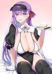  1girl bangs bb_(fate) bb_(fate/extra) blush breasts cleavage fate/extra fate/extra_ccc fate_(series) hair_ribbon highres kitajima_yuuki large_breasts long_hair looking_at_viewer open_mouth purple_eyes purple_hair red_ribbon revision ribbon smile solo very_long_hair 