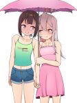  2girls ahoge bangs bare_arms bare_shoulders breasts brown_eyes brown_hair clothes_writing collarbone colored_inner_hair commentary commission copyright_name dress english_commentary flat_chest grey_hair hair_between_eyes highres holding_hands hozuki_momiji interlocked_fingers lalox long_hair midriff multicolored_hair multiple_girls navel onii-chan_wa_oshimai! oyama_mahiro pink_dress pink_hair pink_umbrella shared_umbrella short_hair short_ponytail short_shorts shorts side-by-side simple_background sleeveless sleeveless_dress small_breasts smile spaghetti_strap umbrella white_background yuri 