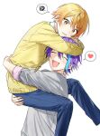 2boys :d ^_^ bangs blonde_hair blue_hair blue_pants blush buttons cardigan carrying clenched_teeth closed_eyes commentary_request gradient_hair grey_cardigan hair_between_eyes heart hk_(wgyz7222) hug kamishiro_rui korean_commentary long_sleeves looking_at_viewer looking_to_the_side male_focus multicolored_hair multiple_boys open_mouth orange_eyes orange_hair pants project_sekai purple_hair purple_shirt shirt short_hair sidelocks simple_background sleeves_rolled_up smile speech_bubble spoken_heart spoken_squiggle squiggle streaked_hair tearing_up teeth tenma_tsukasa v-shaped_eyebrows white_background yellow_cardigan 