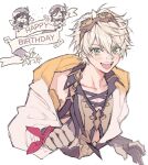  1boy :3 bandaid bandaid_on_face bangs bennett_(genshin_impact) birthday blush chibi closed_eyes collarbone flower genshin_impact gloves goggles goggles_on_head green_eyes hair_between_eyes happy_birthday hat highres looking_at_viewer male_focus musical_note open_mouth razor_is_cute simple_background venti_(genshin_impact) white_background white_hair 