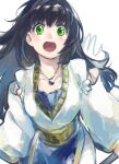  1girl black_hair breasts dress gensou_suikoden green_eyes highres ikunosake jewelry long_hair long_sleeves looking_at_viewer necklace open_mouth simple_background solo staff viki_(suikoden) white_background 