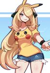  1girl arms_up bangs blue_eyes blush bow cosplay cynthia_(pokemon) hair_ornament highres long_hair pikachu pikachu_(cosplay) pokemon pokemon_(game) pokemon_dppt shirt short_shorts shorts smile touyarokii yellow_bow yellow_shirt 