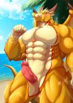  abs absurd_res anthro beach blush cloacal_penis dragon erection genitals hi_res horn lifewonders looking_at_viewer male muscular muscular_anthro muscular_male nude ophion pecs penis scales seaside slit solo tokyo_afterschool_summoners toranoyouhei wings yellow_body yellow_scales 