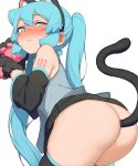 1girl abmayo anal anal_object_insertion anal_tail animal_ears armpit_crease ass bare_shoulders black_skirt blush cat_ears cat_tail detached_sleeves ear_blush fake_animal_ears fake_tail from_side green_hair grey_shirt hatsune_miku highres leaning_forward long_hair looking_at_viewer object_insertion pleated_skirt shiny_skin shirt skirt solo tail thighhighs twintails very_long_hair vocaloid 