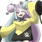  1girl ;d bangs black_shorts character_hair_ornament commentary_request eyelashes green_hair grey_shirt hair_ornament highres iono_(pokemon) jacket long_hair multicolored_hair one_eye_closed open_mouth pokemon pokemon_(game) pokemon_sv purple_hair ror_(meisakutaro) sharp_teeth shirt shorts sleeveless sleeveless_shirt sleeves_past_fingers sleeves_past_wrists smile solo star_(symbol) star_print teeth tongue two-tone_hair white_background yellow_jacket 