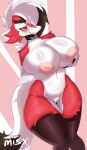  absurd_res anthro areola big_breasts blush blush_lines bodily_fluids breasts canid clothing collar curvy_figure eyewear fangs female fur generation_7_pokemon genital_fluids genitals glasses hand_on_breast hi_res huge_breasts legwear looking_at_viewer lycanroc mammal midnight_lycanroc misx nintendo pokemon pokemon_(species) pussy pussy_juice red_body red_fur smile solo stockings teeth thick_thighs thigh_highs white_body white_fur wide_hips 