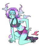  2022 alpha_channel anthro banana_peel bottomwear breasts cleavage clothed clothing demon discount-supervillain dolphin_shorts female footwear hair horn horned_humanoid humanoid humanoid_pointy_ears kneeling not_furry purple_hair shoes shorts simple_background sneakers solo transparent_background 