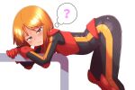  1girl ? ass bent_over black_eyes bodysuit breasts bright_pupils gundam gundam_zz highres onimaru_(onimal7802) orange_hair pilot_suit puru_two short_hair simple_background skin_tight small_breasts white_background white_pupils 