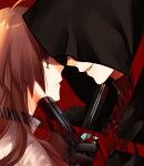  1boy 1girl black_cloak brown_hair cloak collar_x_malice facing_another green_eyes gun handgun holding holding_gun holding_weapon hood hood_up hoshino_ichika_(collar_x_malice) long_hair naru_(kihime622) red_background saeki_yuzuru shirt smile spoilers teeth unhappy weapon white_shirt 