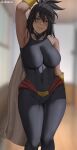  1girl absurdres arm_at_side arm_up bare_shoulders black_bodysuit black_hair bodysuit boku_no_hero_academia breasts cape covered_navel gloves grey_eyes highres impossible_bodysuit impossible_clothes large_breasts legs_together looking_at_viewer mole mole_under_mouth oroborus shimura_nana sleeveless solo standing white_cape yellow_gloves 