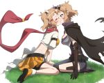  2girls black_cape black_gloves blonde_hair blush bodysuit boots breasts cape cleavage closed_eyes commentary_request eyelashes gloves hair_ornament hairclip happy imminent_kiss large_breasts looking_at_another multiple_girls orange_skirt red_scarf scarf senki_zesshou_symphogear senki_zesshou_symphogear_xd_unlimited short_hair sitting skirt smile tachibana_hibiki_(symphogear) tachibana_hibiki_(symphogear)_(another) yellow_eyes yukitsuba_hina yuri 