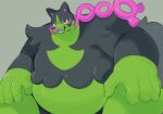  5_fingers anthro asulion54 belly big_hands black_body black_fur fingers fur generation_9_pokemon green_body green_fur hand_on_knee hand_on_leg hi_res kemono looking_at_viewer male multicolored_body multicolored_fur narrowed_eyes nintendo okidogi overweight overweight_anthro overweight_male pink_nose pokemon pokemon_(species) sharp_teeth solo teeth two_tone_body two_tone_fur yellow_sclera 