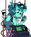  2022 alpha_channel beverage blue_body blue_skin demon discount-supervillain drinking horn horned_humanoid humanoid machine maintenance not_furry phone robot simple_background transparent_background wire 