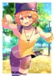  1girl :d animal_ears animal_hat bangs bare_shoulders beanie black_headwear blue_sky blurry blurry_background blush bow brown_eyes brown_shorts collarbone commentary_request commission day depth_of_field fake_animal_ears hair_between_eyes hands_up hat heart hoshizora_rin kou_hiyoyo lamppost long_sleeves looking_at_viewer love_live! love_live!_school_idol_project off-shoulder_sweater off_shoulder orange_hair red_bow shorts skeb_commission sky smile solo striped striped_thighhighs sweater thighhighs tree yellow_sweater 