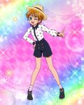  1girl :d artist_request commentary english_commentary eyelashes futari_wa_precure gradient_background happy hat highres looking_at_viewer misumi_nagisa official_art one_eye_closed open_mouth orange_eyes orange_hair pointing pointing_at_viewer precure precure_connection_puzzlun shoes short_hair smile socks solo standing striped striped_socks third-party_source 