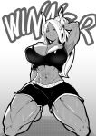  1girl abs absurdres alternate_hairstyle animal_ears arm_behind_head arm_up armpits bangs bare_shoulders barefoot black_shorts black_tank_top boku_no_hero_academia breasts cleavage crop_top dark-skinned_female dark_skin english_text full_body greyscale grin highres huge_breasts kneeling long_eyelashes long_hair looking_at_viewer midriff mirko monochrome muscular muscular_female navel parted_bangs ponytail rabbit_ears rabbit_girl sakino_yumeko shorts smile solo stomach sweat tank_top thick_thighs thighs twitter_username white_hair 