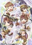  4boys angel angel_wings azumi_(tks-sd) blue_eyes bow_(weapon) brown_hair dual_persona highres holding holding_weapon kid_icarus kid_icarus_uprising laurel_crown looking_at_viewer multiple_boys open_mouth pit_(kid_icarus) smile time_paradox weapon white_wings wings 