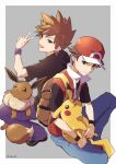  2boys :d anidf blue_oak brown_eyes brown_footwear brown_hair brown_shirt closed_mouth commentary eevee hat highres jacket male_focus multiple_boys on_lap open_mouth pants pikachu pokemon pokemon_(creature) pokemon_(game) pokemon_frlg pokemon_on_lap purple_pants purple_wristband red_(pokemon) red_headwear shirt shoes short_hair short_sleeves smile spiked_hair t-shirt vs_seeker wristband 