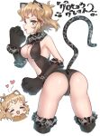  2girls animal_ears blonde_hair blush bodysuit breasts cat_ears cat_tail closed_eyes commentary_request fake_animal_ears fake_tail fur-trimmed_gloves fur-trimmed_legwear fur_trim gloves hair_ornament hairclip highres large_breasts multiple_girls senki_zesshou_symphogear senki_zesshou_symphogear_xd_unlimited short_hair simple_background standing tachibana_hibiki_(symphogear) tachibana_hibiki_(symphogear)_(another) tail translation_request white_background yellow_eyes yukitsuba_hina 