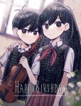  1boy 1girl :o antenna_hair arm_around_shoulder bangs black_eyes black_hair black_vest blush bow_(music) bright_pupils closed_mouth collared_shirt commentary_request dated flower hair_between_eyes hand_up happy_birthday highres holding holding_instrument indoors instrument light_rays long_hair looking_at_viewer mari_(omori) neckerchief omori parted_lips plant pleated_skirt red_neckerchief red_skirt shirt short_hair short_sleeves skirt smile standing sunny_(omori) vest violin white_flower white_pupils white_shirt window wing_collar yutsu 