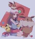  1girl 343rone :o absurdres bag black_wristband blue_shirt blue_socks brown_bag brown_eyes brown_hair bucket_hat commentary_request eevee hair_flaps hat hat_removed headwear_removed highres holding holding_bag leaf_(pokemon) long_hair loose_socks on_head partial_commentary pikachu pleated_skirt poke_ball poke_ball_(basic) pokemon pokemon_(creature) pokemon_(game) pokemon_frlg pokemon_on_head premier_ball red_skirt shirt shoes skirt sleeveless sleeveless_shirt socks white_footwear white_headwear wristband 