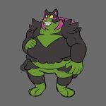  3_toes 5_fingers anthro belly big_belly black_body black_fur feet fingers fur generation_9_pokemon green_body green_fur grey_background hand_on_stomach hi_res looking_at_viewer male multicolored_body multicolored_fur musclegut muscular muscular_anthro muscular_male naughty_nuki nintendo okidogi overweight overweight_anthro overweight_male pink_nose pokemon pokemon_(species) sharp_teeth simple_background solo standing teeth toes two_tone_body two_tone_fur yellow_eyes yellow_sclera 