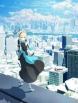  1girl black_dress blonde_hair blue_archive blue_eyes blue_sky building city cityscape cloud commentary_request day dress full_body gloves halo hat headset high_heels keika_(otsukare) long_hair long_sleeves looking_at_viewer maid_headdress mechanical_halo outdoors scenery shadow sky solo standing toki_(blue_archive) 