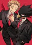  2boys adjusting_clothes adjusting_necktie animal_head artist_name black_jacket black_pants blazer blonde_hair boku_no_hero_academia collared_shirt commentary_request cowboy_shot dress_shirt feathered_wings formal grey_vest grin hand_in_pocket hand_up hawks_(boku_no_hero_academia) jacket jewelry kadeart lapels long_sleeves looking_at_viewer male_focus multiple_boys necktie open_clothes open_jacket pants red_background red_eyes red_necktie red_wings ring shirt short_hair simple_background smile standing striped striped_vest suit teeth thai_commentary tie_clip tokoyami_fumikage vertical-striped_vest vertical_stripes vest watermark white_shirt wing_collar wings yellow_eyes 