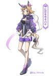  1girl artist_name blonde_hair boots breasts cleavage commentary_request eyelashes gloves hair_ornament highres jacket looking_at_viewer medium_breasts purple_footwear purple_jacket senki_zesshou_symphogear senki_zesshou_symphogear_xd_unlimited short_hair simple_background solo standing tachibana_hibiki_(symphogear)_(another) translation_request twitter_username white_background yellow_eyes yukitsuba_hina 