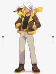  1boy bangs belt belt_buckle black_footwear black_shirt boots brown_belt brown_jacket buckle closed_mouth clothed_pokemon commentary_request friede_(pokemon) frown hands_in_pockets hat highres jacket looking_down male_focus mayuzumi open_clothes open_jacket pants pikachu poke_ball_symbol pokemon pokemon_(anime) pokemon_(creature) pokemon_sv_(anime) shirt simple_background white_background white_hair white_headwear yellow_eyes 