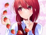  1girl blush collared_shirt food fruit katayama_kei long_sleeves medium_hair necktie okazaki_yumemi pointing red_eyes red_hair red_necktie red_vest shirt solo strawberry touhou touhou_(pc-98) upper_body vest white_shirt 