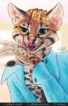  2023 2:3 absurd_res anthro clothed clothing digital_drawing_(artwork) digital_media_(artwork) digital_painting_(artwork) fangs felid feline fingers fur green_eyes hi_res inner_ear_fluff leopardus licking licking_lips male mammal markings ocelot open_clothing open_mouth open_shirt open_topwear orange_body orange_fur pawpads pink_nose portrait self_lick shaded shirt signature simple_background smile smirk solo spots spotted_markings tailbyte teeth text tongue tongue_out topwear tuft url white_body white_fur yellow_body yellow_fur 