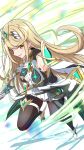  1girl absurdres bangs bare_shoulders black_pantyhose blonde_hair breasts chest_jewel commentary dress earrings elbow_gloves gloves highres holding holding_sword holding_weapon jewelry karuushi large_breasts long_hair looking_at_viewer mythra_(massive_melee)_(xenoblade) mythra_(xenoblade) pantyhose short_dress solo super_smash_bros. swept_bangs sword thigh_strap tiara very_long_hair weapon white_dress white_gloves xenoblade_chronicles_(series) xenoblade_chronicles_2 yellow_eyes 