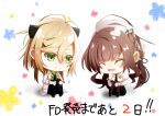  1boy 1girl animal_ears black_necktie blonde_hair blue_flower brown_hair cat_ears chibi collar_x_malice collared_shirt fake_animal_ears flower green_eyes green_shirt hoshino_ichika_(collar_x_malice) long_sleeves necktie pink_flower shiraishi_kageyuki shirt spcat3 white_background white_shirt yellow_flower 