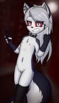  absurd_res anthro dream_mirage female genitals grey_body helluva_boss hi_res looking_at_viewer loona_(helluva_boss) nipples nude pussy red_eyes solo white_body 