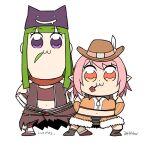  2girls :3 arms_behind_back assassin_cross_(ragnarok_online) bangs bkub_(style) blunt_bangs boots brown_footwear brown_gloves brown_headwear brown_shirt brown_shorts brown_skirt brown_vest chibi closed_mouth commentary_request cowboy_hat crop_top deviruchi_hat elbow_gloves flower_in_mouth full_body fur-trimmed_shirt fur-trimmed_shorts fur_trim gloves green_hair hat hat_feather long_hair looking_at_viewer midriff miyan_(shamigame) multiple_girls navel orange_eyes parody pink_hair pointy_ears poptepipic poptepipic_pose purple_eyes ragnarok_masters ragnarok_online red_scarf scarf shirt shoes short_hair shorts signature simple_background skirt sleeveless sleeveless_shirt smile sniper_(ragnarok_online) standing style_parody two-tone_shirt vambraces vest white_background 