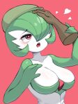  1girl arm_up bags_under_eyes bangs blush bob_cut breasts cabbie_hat cleavage clothed_pokemon collarbone colored_skin commentary disembodied_limb drooling gardevoir green_hair green_headwear green_skin hair_over_one_eye half-closed_eyes hand_on_another&#039;s_arm hand_up hat heart heart-shaped_pupils highres ilgirul large_breasts looking_up mouth_drool multicolored_skin one_eye_covered open_mouth pokemon pokemon_(creature) raised_eyebrows red_background red_eyes short_hair simple_background solo_focus standing symbol-shaped_pupils teeth tongue two-tone_skin upper_body white_skin 