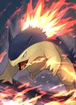  all_fours blurry blurry_background claws dust fangs fire flame from_side highres looking_ahead no_humans on_ground open_mouth pokemon pokemon_(creature) red_eyes sharp_teeth smoke teeth tesshii_(riza4828) tongue typhlosion 