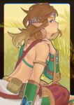  1boy bare_shoulders blue_eyes brown_hair earrings from_side gem hand_on_own_shoulder highres hoop_earrings ivy_(sena0119) jewelry link long_hair male_focus official_alternate_costume outdoors pants plant pointy_ears pouch sitting solo the_legend_of_zelda the_legend_of_zelda:_breath_of_the_wild 