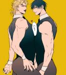  2boys absurdres ass bangs between_pectorals black_hair black_lips black_nails blonde_hair bow bowtie crossdressing crossover dio_brando earrings evil_grin evil_smile fushiguro_touji green_eyes grin heart highres jewelry jojo_no_kimyou_na_bouken jujutsu_kaisen large_pectorals leotard looking_at_viewer looking_back male_focus mature_male multiple_boys muscular muscular_male pantyhose pectoral_docking pectoral_press pectorals shenshan_laolin short_hair smile smirk stardust_crusaders thong_leotard wrist_cuffs yaoi yellow_background yellow_eyes 