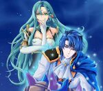  1boy 1girl aqua_hair armor ascot bare_shoulders blue_background blue_cape blue_eyes blue_hair braid breasts cape chloe_(fire_emblem) cleavage commentary commission ebrietas_(arayaejiri) elbow_gloves fire_emblem fire_emblem_engage gloves glowing green_eyes hand_up highres jacket long_hair looking_at_viewer shoulder_armor sigurd_(fire_emblem) smile upper_body very_long_hair white_ascot white_gloves white_jacket 