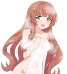  1girl bangs blunt_bangs blush breasts brown_hair green_eyes helena_(kancolle) junes kantai_collection long_hair looking_at_viewer medium_breasts naked_towel nude open_mouth simple_background solo steam teeth towel upper_teeth_only very_long_hair white_background 