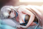  bangs bare_shoulders bed blue_choker blue_eyes blush breasts choker cleavage closed_mouth collarbone commentary_request fate/grand_order fate_(series) grey_hair hair_between_eyes highres large_breasts light_smile long_hair looking_at_viewer lying morgan_le_fay_(fate) navel on_side pillow ringozuki solo very_long_hair 