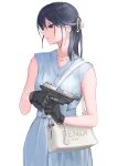  1girl bag black_hair blue_dress blue_eyes closed_mouth d-sawa613 dress earrings expressionless fendi_(brand) gun hair_ornament hairclip handbag handgun highres holding holding_gun holding_weapon jewelry looking_to_the_side mechanix_wear original shoulder_bag sleeveless solo trigger_discipline weapon weapon_request 