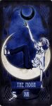  belt black_border black_moon blue_background border card_(medium) crescent_moon dress_shirt english_text highres moon nagisa_kaworu neon_genesis_evangelion non-web_source roman_numeral scan scan_artifacts shirt shoes tarot the_moon_(tarot) white_footwear white_hair 