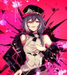  1girl :d absurdres arsum0731 bangs black_hair black_headwear black_jacket breasts commentary dated fu_hua fu_hua_(herrscher_of_sentience) hair_between_eyes hand_on_hip hat highres honkai_(series) honkai_impact_3rd jacket long_hair long_sleeves looking_at_viewer medium_breasts off_shoulder open_clothes open_jacket peaked_cap pink_background red_eyes shirt signature sleeveless sleeveless_shirt smile solo symbol-only_commentary upper_body white_shirt 