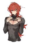  1boy alternate_costume black_sweater closed_mouth clothing_cutout commentary_request diluc_(genshin_impact) genshin_impact hair_between_eyes highres long_hair long_sleeves male_focus meme_attire open-chest_sweater pectoral_cleavage pectorals red_eyes red_hair ribbed_sweater sabi11riw simple_background sketch solo sweat sweater turtleneck turtleneck_sweater upper_body very_long_hair white_background 