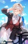  1girl :o absurdres adjusting_hair ahoge blue_sky breasts buttons cloud counter:side edel_meitner hair_ornament hand_on_own_knee highres long_sleeves monocle outdoors shotgunman skirt sky solo spring_(season) yellow_eyes 